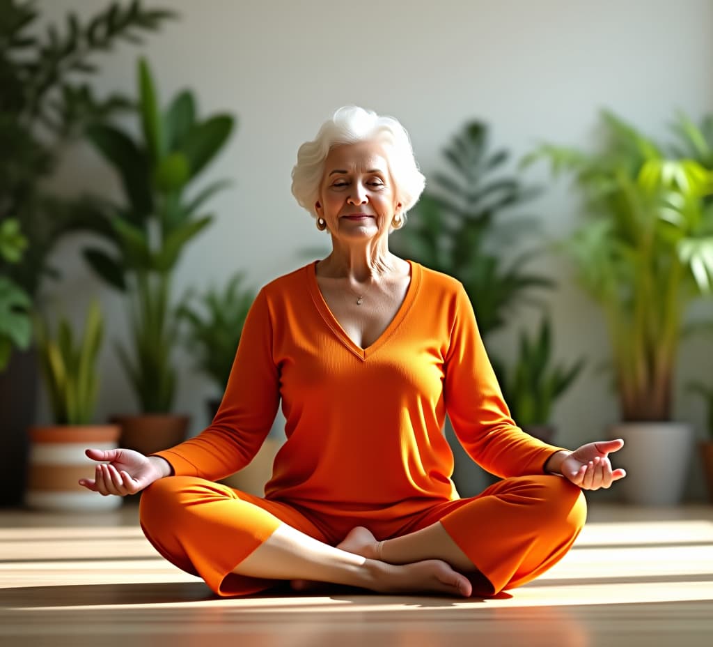  a senior woman with white hair, dressed in orange, performs a meditative yoga pose in a bright room, demonstrating tranquility and mindfulness surrounded by plants.