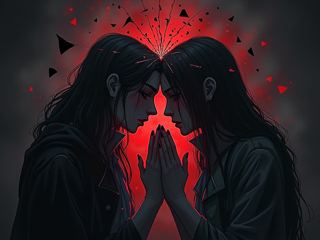  shattered mirror reflecting broken relationships, cold and fragmented, sorrow, remorse. the style is dark fantasy and mysterious occult, symbolic, moody lighting, esoteric vibe,high detail on character design. for the color scheme emphasize blacks and reds.