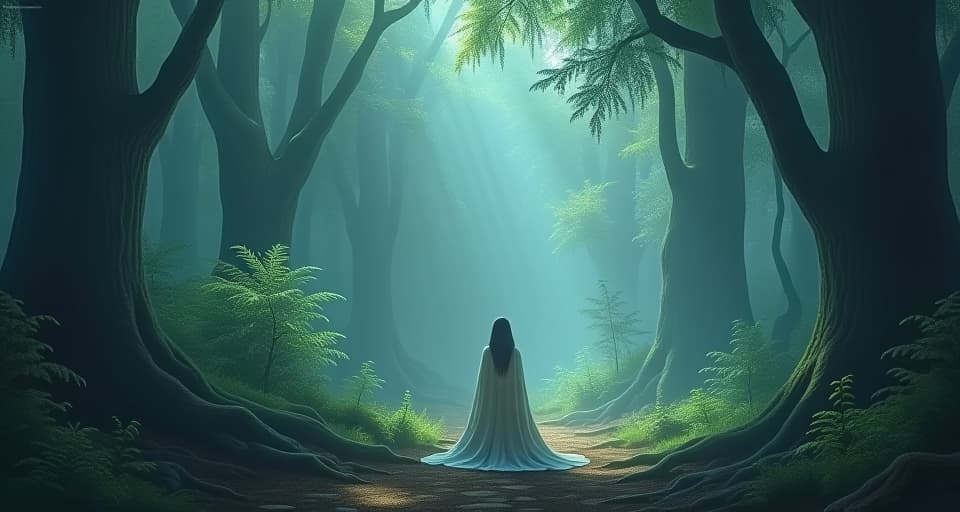  a calm, ethereal being amidst chaotic confrontations in a mystical forest. unaffected by turmoil, serene presence, tranquil energy.. the style is digital art illustration,highly detailed, whimsical,magical, dreamlike atmosphere, realism and fantasy blend, smooth, glossy textures,luminous quality, wonder and enchantment.