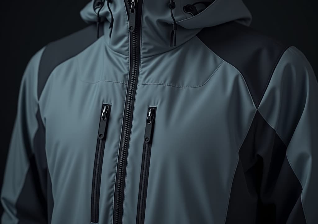  a grey waterproof jacket with black stripes and zippers, blending function with a sleek design., high quality, high details, hd, perfect composition, 4k epic detailed, highly detailed, sharp focus, high resolution