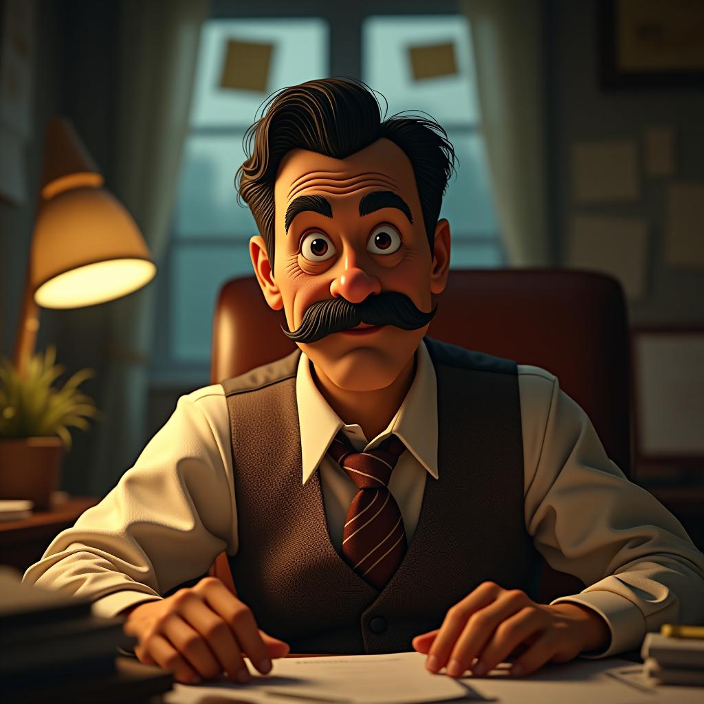  create a high quality, photorealistic image that vividly depicts the following scene: incredible detail, walt disney character, mid dismissal from job, eyes filled with determination. deep wrinkles etched by hardships, iconic mustache, dressed in 1920s attire. office scenery filled with rejection slips, somber lighting accentuating feeling of disappointment and struggle. outside, archaic cityscape hints at brighter future. shot intense, inspiring with focus on his resolute expression, crafted with canon eos r3, nikon, f/1.4, iso 200, 1/160s, 8k, raw, unfiltered, balanced lighting illuminating pivotal moment, 8k. the image should: focus on the specific actions, emotions, and elements described in the scene show detailed hyperrealistic, full body, detailed clothing, highly detailed, cinematic lighting, stunningly beautiful, intricate, sharp focus, f/1. 8, 85mm, (centered image composition), (professionally color graded), ((bright soft diffused light)), volumetric fog, trending on instagram, trending on tumblr, HDR 4K, 8K