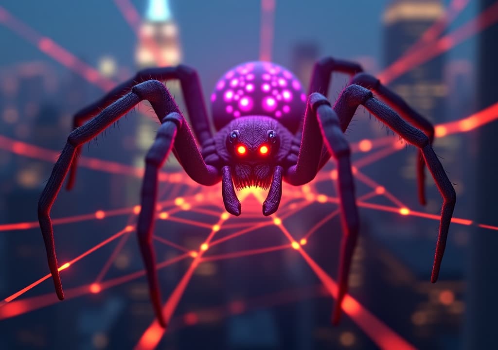  **a horrific looking purple spider. the spiders eyes are glowing. the spider has spin a glowing orange radioactive web. the background is of a citys skyline. dark, scary, horror, 3d render, illustrative. high definition. hyper detail, intricate details, sharp focus, high resolution, 8k, ultra detailed, vib