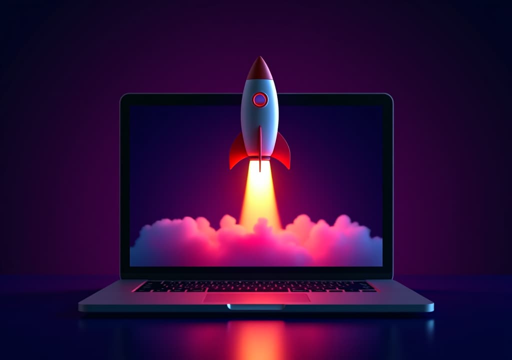  rocket coming out of laptop screen, black purple background