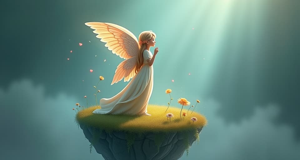  an ethereal angel with floral wings, standing on a floating island, her expression searching. the soft glow of the enchanted surroundings emphasizes her quest for the right words.. the style is digital art illustration,highly detailed, whimsical,magical, dreamlike atmosphere, realism and fantasy blend, smooth, glossy textures,luminous quality, wonder and enchantment.