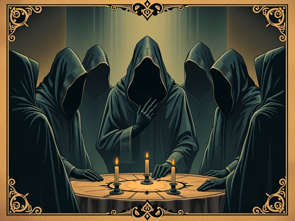  a shadowy council of veiled figures, intricate robes, whispering among themselves, hidden faces, darkened chamber, faint candlelight, murkiness, conspiracy, deception. an illustration in the style of a worn, mystical old tarot trump card, mysterious and elements of surrealism. the colors are muted, somber and eerie, but with contrast bring out an occult and esoteric vibe.