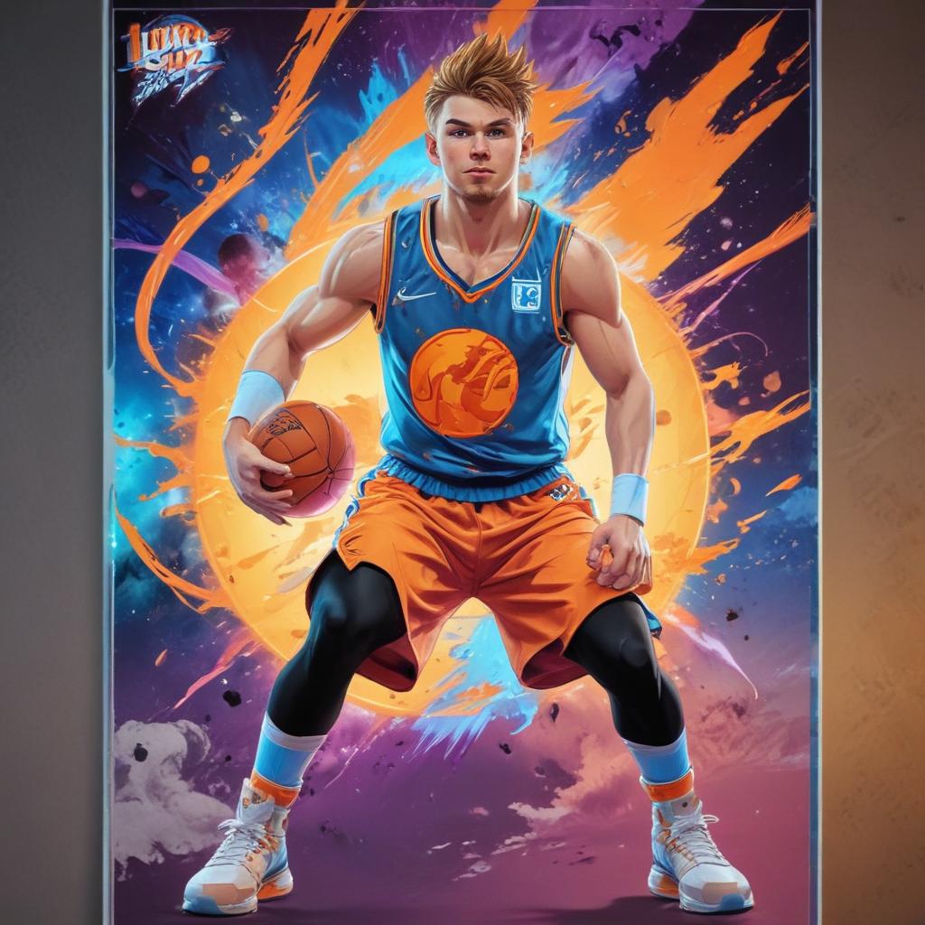 distance-shot, flashy, full-body, dynamic, holographic, animated cartoon poster of luka doncic in the style of dragon ball super