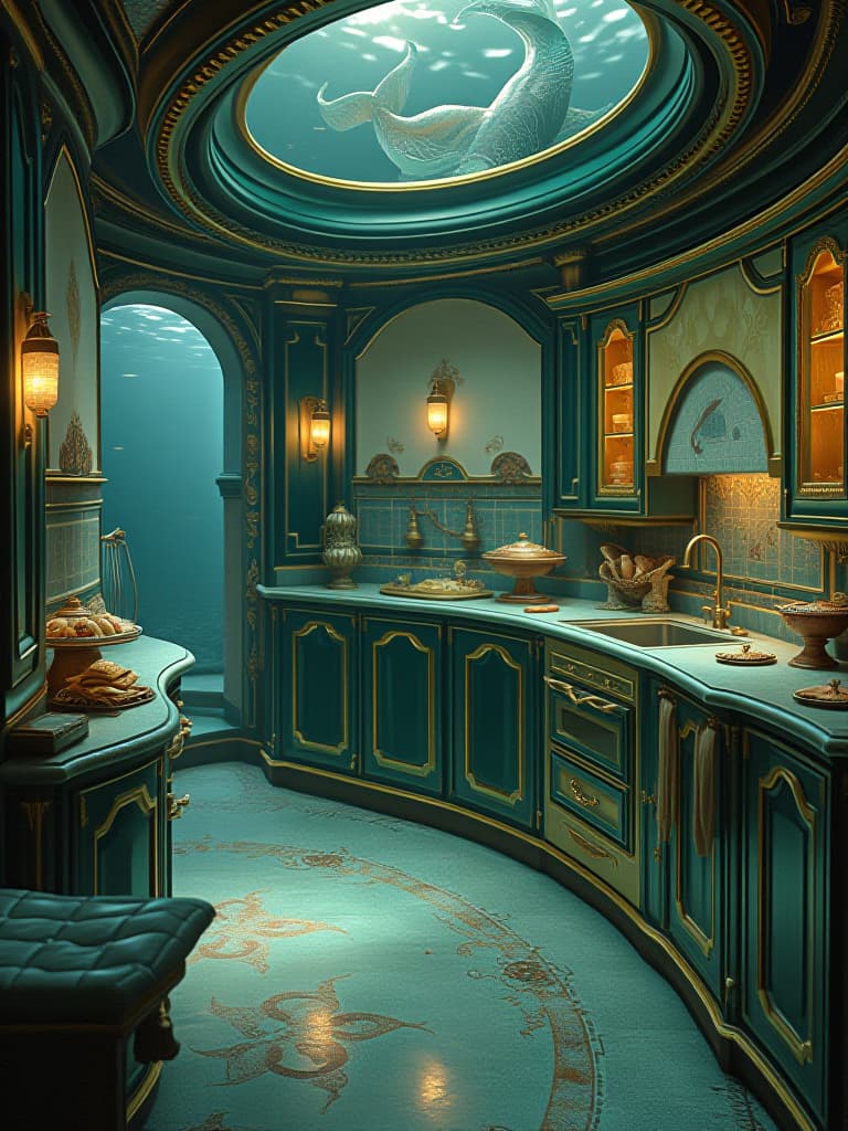  a luxurious mermaid mansion in the deep sea underwater mermaid kitchen . the house is round and metallic green and gold ver shiny . the kitchen is full of mermaid food . mermaid tales decor