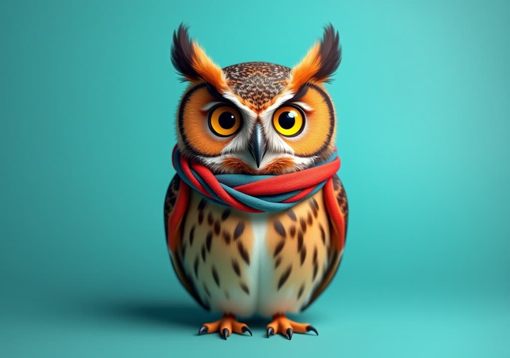  owl on turquoise background wearing colourful