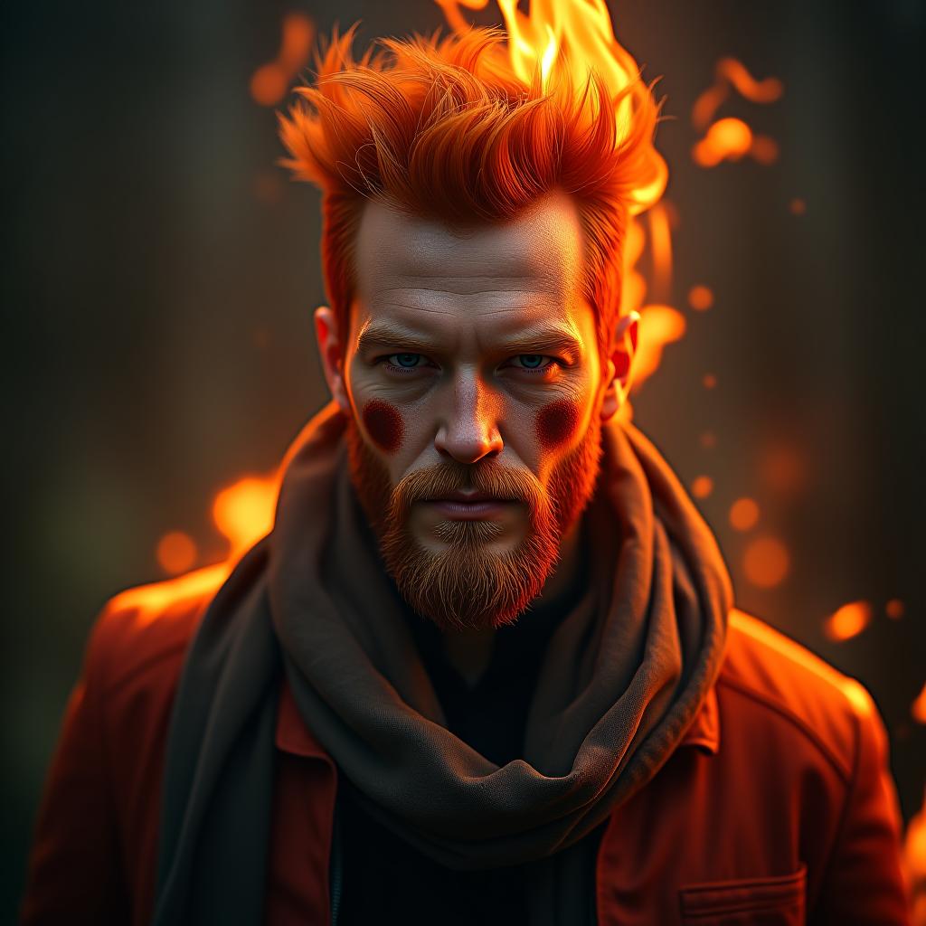  pyroman pyrate guy with red hair and burn on his face hyperrealistic, full body, detailed clothing, highly detailed, cinematic lighting, stunningly beautiful, intricate, sharp focus, f/1. 8, 85mm, (centered image composition), (professionally color graded), ((bright soft diffused light)), volumetric fog, trending on instagram, trending on tumblr, HDR 4K, 8K