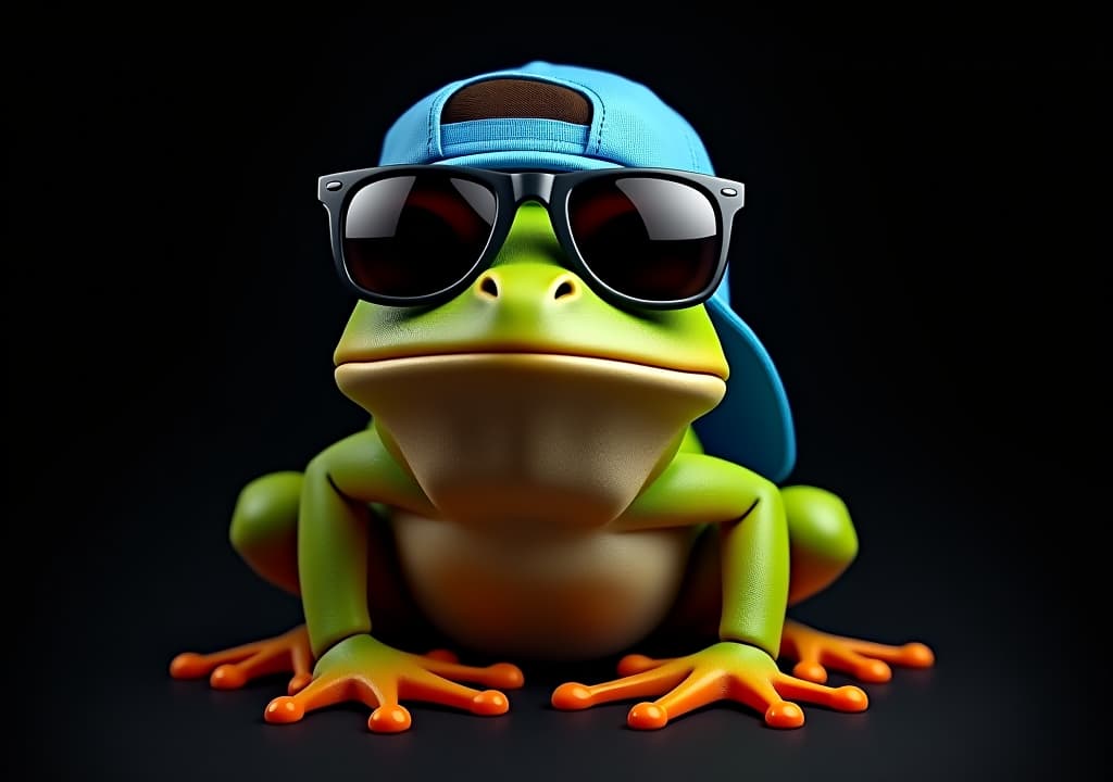  frog wearing blue backward cap and sunglass sitting against a black background