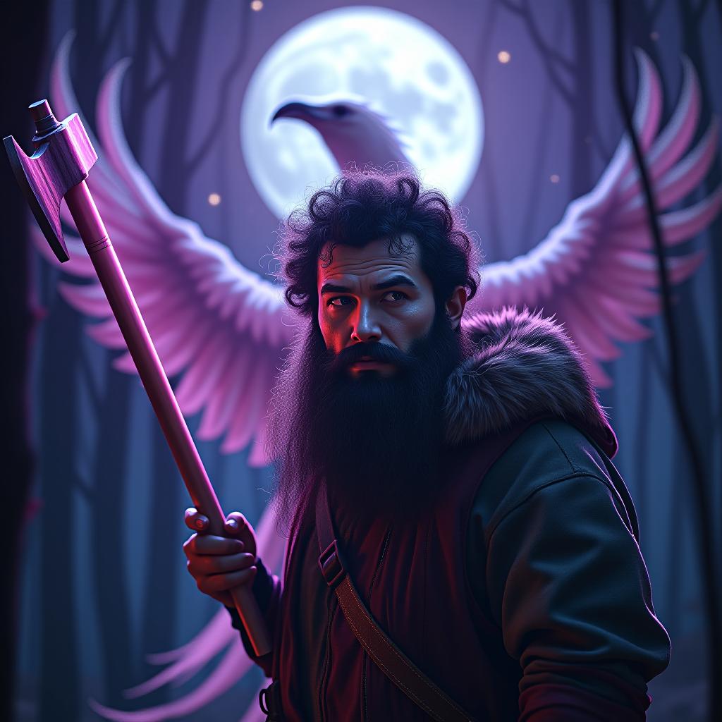  create a high quality, photorealistic image that vividly depicts the following scene: "extreme close up of a hardy lumberjack, robust features accentuated under the lunar light, eyes alight with resolute. a magical axe, casting a soft, unearthly glow, is hoisted in a commanding posture. exciting, instantaneous spectacle of a grand, legendary lunar phoenix, emerging from a shower of radiant shimmers, wings unfurling across the cosmos filled sky. spooky profile of a stealthy sorceress, the unnerving shadow of her conjured magic extending over the enchanted forest, highlighted in the background. vivid panorama, shot with nikon z9, f/2.2, iso 320, 1/90s, 8k, raw, deep violet luminosity, high resolution, sweeping view of a woodland awash in hyperrealistic, full body, detailed clothing, highly detailed, cinematic lighting, stunningly beautiful, intricate, sharp focus, f/1. 8, 85mm, (centered image composition), (professionally color graded), ((bright soft diffused light)), volumetric fog, trending on instagram, trending on tumblr, HDR 4K, 8K