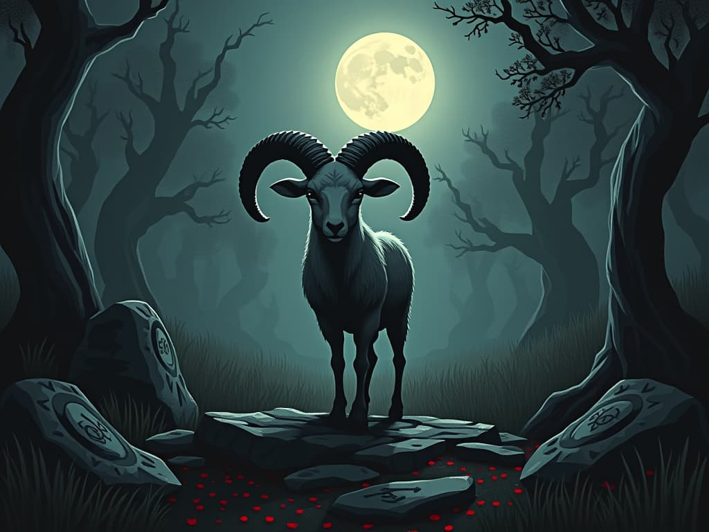  a paschal lamb, representing atonement, in a mystical meadow, moonlight casting soft shadows, ancient runes etched into stones around. the style is dark fantasy and mysterious occult, symbolic, moody lighting, esoteric vibe,high detail on character design. for the color scheme emphasize blacks and reds.