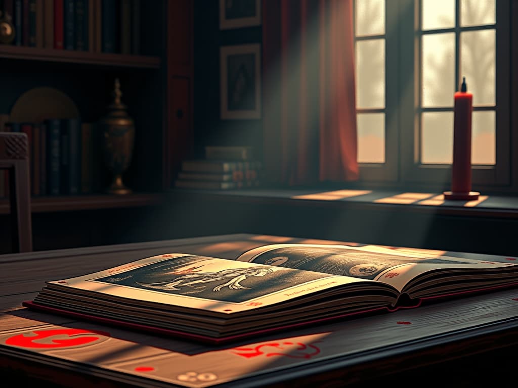  idle moments, old photograph album on a table, sunlight streaming through nearby window, sense of nostalgia and rediscovery. the style is digital art illustration / modern comic book / graphic dark novel fantasy and mysterious occult, symbolic, moody lighting, esoteric vibe,high detail on character design. for the color scheme emphasize blacks and reds.