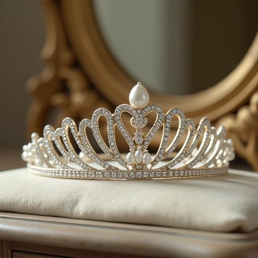  create an image with the following specifications: main subject: description: a stunning vintage inspired bridal tiara from the 1920s art deco era. style: ornate and glamorous with intricate pearl and crystal detailing. setting: location: elegant vanity table with an antique mirror. composition: framing: close up shot focusing on the tiara, with the vanity table and mirror visible in the background. style: art movement: art deco. technique: high contrast studio photography. atmosphere: mood: luxurious and nostalgic. color palette: dominant colors: silver, pearl white, soft gold. mood: elegant and timeless. details: foreground: the tiara prominently displayed on a velvet cushion. background: blurred reflection of the tiara in the anti hyperrealistic, full body, detailed clothing, highly detailed, cinematic lighting, stunningly beautiful, intricate, sharp focus, f/1. 8, 85mm, (centered image composition), (professionally color graded), ((bright soft diffused light)), volumetric fog, trending on instagram, trending on tumblr, HDR 4K, 8K