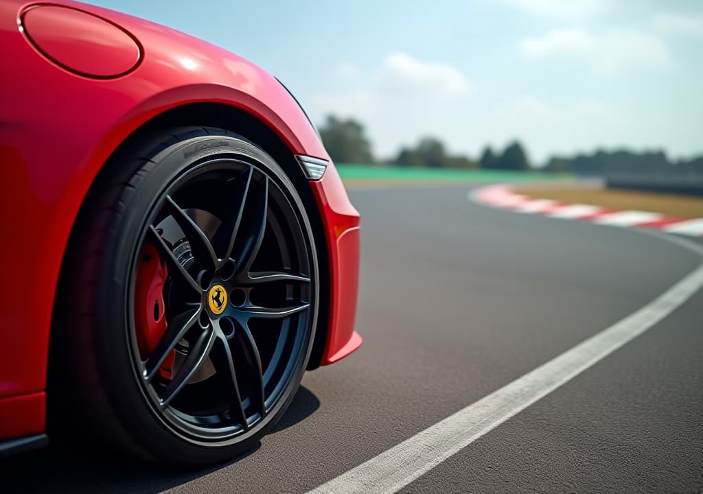  a red sports car with a black tire is parked on a racetrack