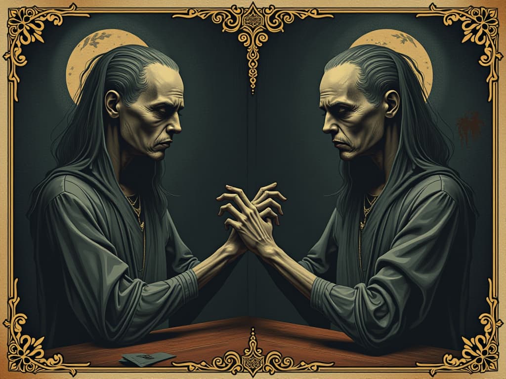  a distorted reflection in a darkened mirror, unrecognizable and twisted form, sense of loss of self, manipulation, falsification. an illustration in the style of a worn, mystical old tarot trump card, mysterious and elements of surrealism. the colors are muted, somber and eerie, but with contrast bring out an occult and esoteric vibe.