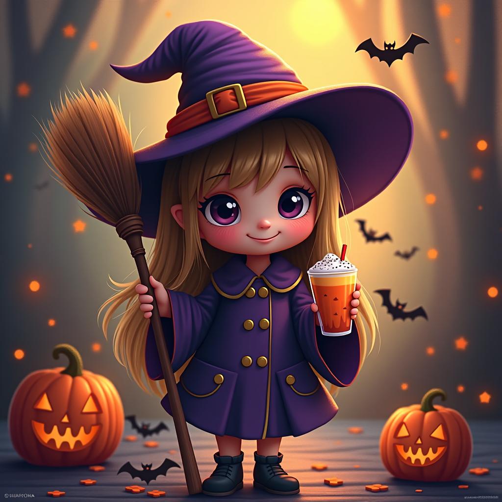  create a digital painting featuring a cute witch character. the witch should be wearing a hat. in one hand, the witch should hold a broomstick, and in the other hand, a halloween themed drink. the background should be colorful and include small black bats, pumpkins and stars to add a playful halloween touch. the overall style should be cute, whimsical, and colorful hyperrealistic, full body, detailed clothing, highly detailed, cinematic lighting, stunningly beautiful, intricate, sharp focus, f/1. 8, 85mm, (centered image composition), (professionally color graded), ((bright soft diffused light)), volumetric fog, trending on instagram, trending on tumblr, HDR 4K, 8K