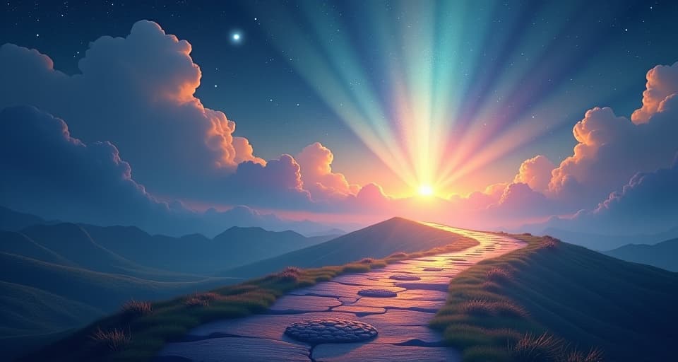  radiant light, guiding path, ethereal landscape, mystical journey, celestial glow, inspiring direction.. the style is digital art illustration,highly detailed, whimsical,magical, dreamlike atmosphere, realism and fantasy blend, smooth, glossy textures,luminous quality, wonder and enchantment.