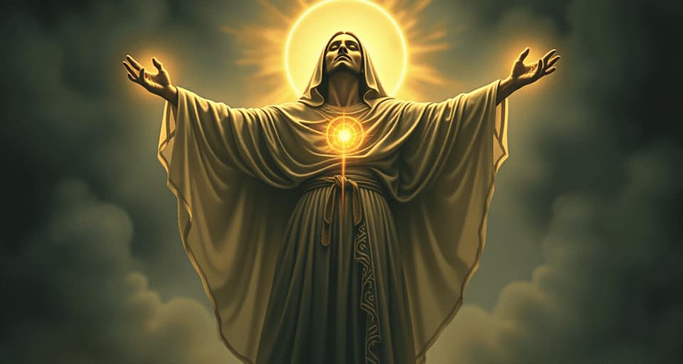  a divine figure, adorned in luminous robes, glowing with inner light, arms open, transcendence, divine transformation. an illustration in the style of a worn, mystical old tarot trump card, mysterious and elements of surrealism. the colors are muted, somber and eerie, but with contrast bring out an occult and esoteric vibe.