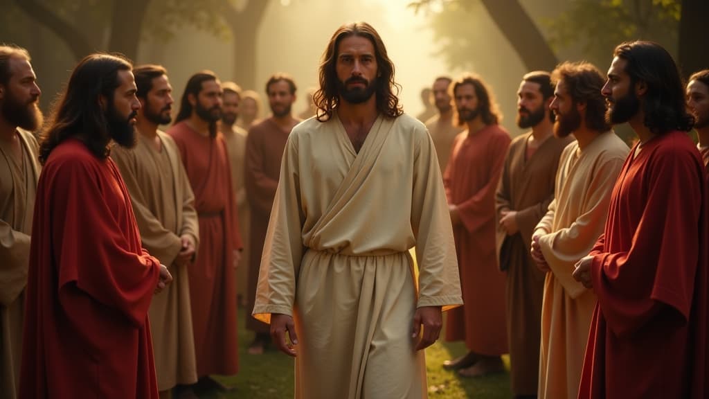  history of biblical times, an image of jesus surrounded by the twelve disciples in a serene setting, highlighting the bond and camaraderie among them. hyperrealistic, full body, detailed clothing, highly detailed, cinematic lighting, stunningly beautiful, intricate, sharp focus, f/1. 8, 85mm, (centered image composition), (professionally color graded), ((bright soft diffused light)), volumetric fog, trending on instagram, trending on tumblr, HDR 4K, 8K