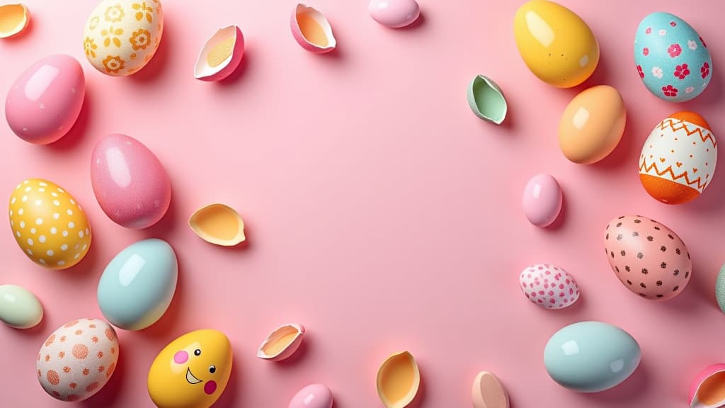  colorful easter eggs collage over minimal pastel pink and flat lay background