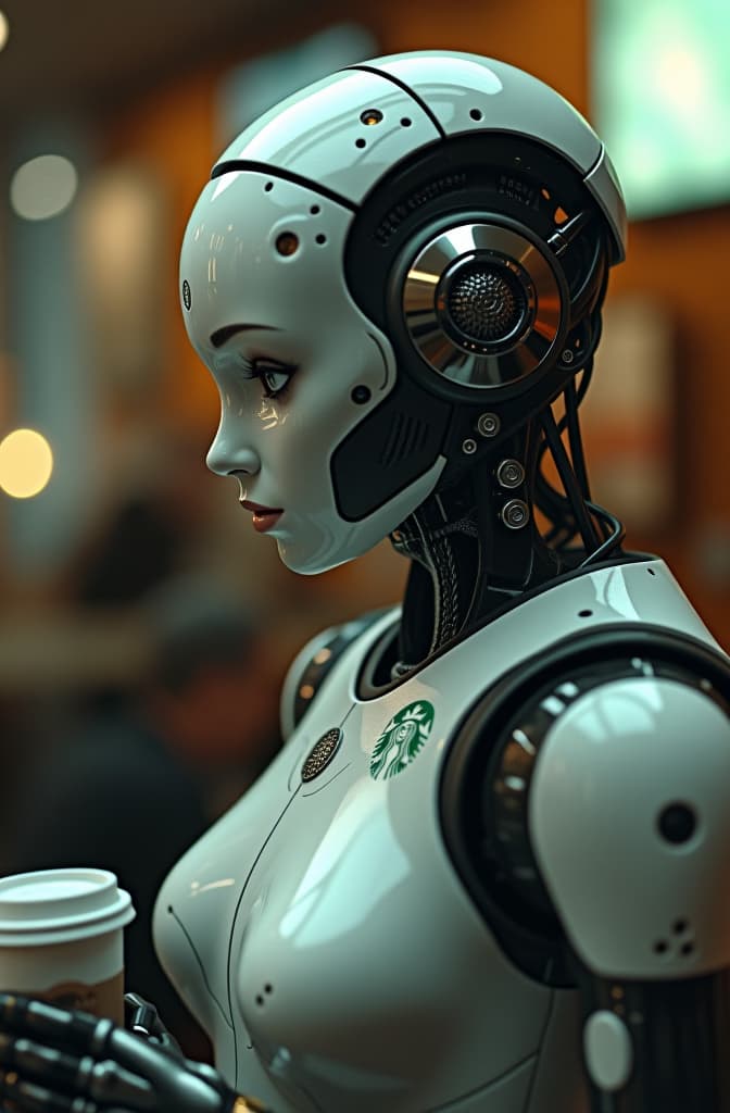  robots working at starbucks, realistic, portrait, art by donato giancola and greg rutkowski, realistic face, digital art, trending on artstation hyperrealistic, full body, detailed clothing, highly detailed, cinematic lighting, stunningly beautiful, intricate, sharp focus, f/1. 8, 85mm, (centered image composition), (professionally color graded), ((bright soft diffused light)), volumetric fog, trending on instagram, trending on tumblr, HDR 4K, 8K