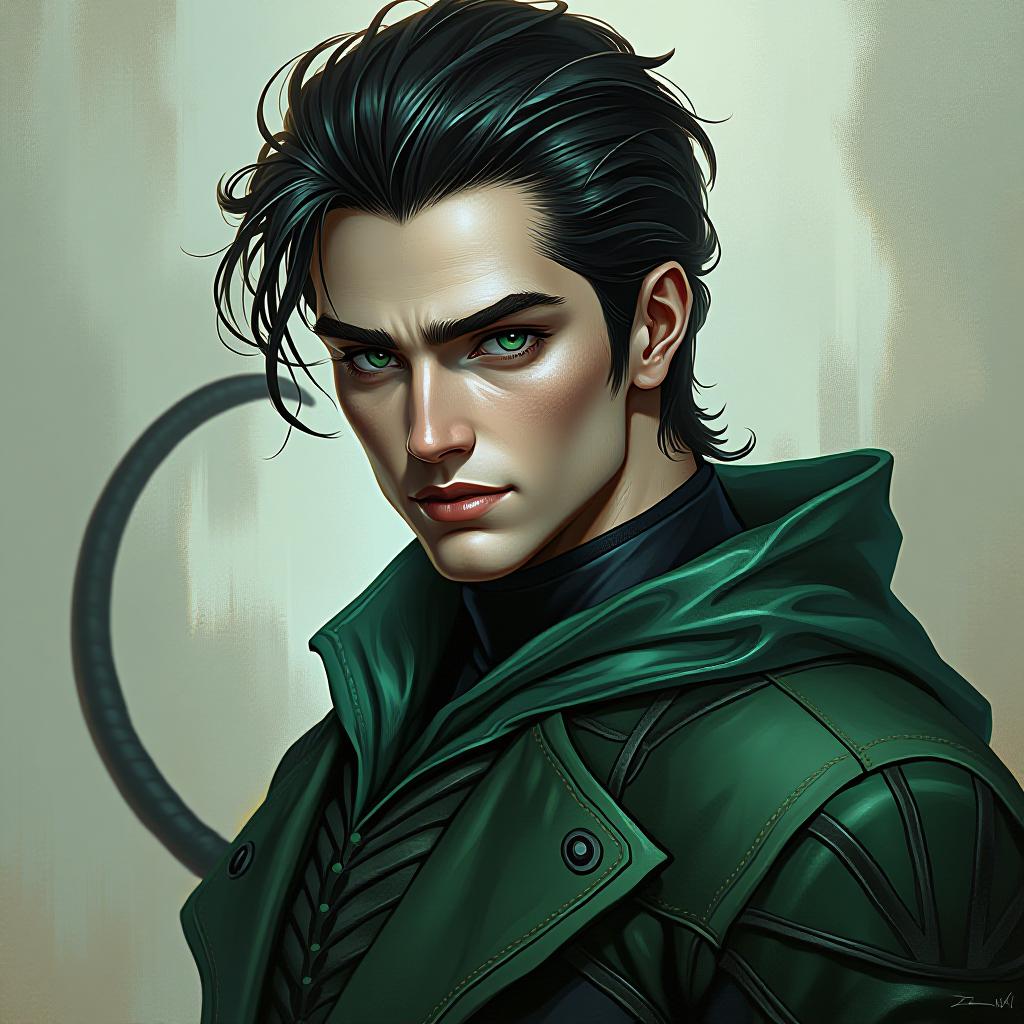  isamu madlock ,green and blue eyes ,hair slick back black rat tail , muscles ,slytherin (green /black/silver ) (harry potter style ) male, award winning, professional, highly detailed, masterpiece