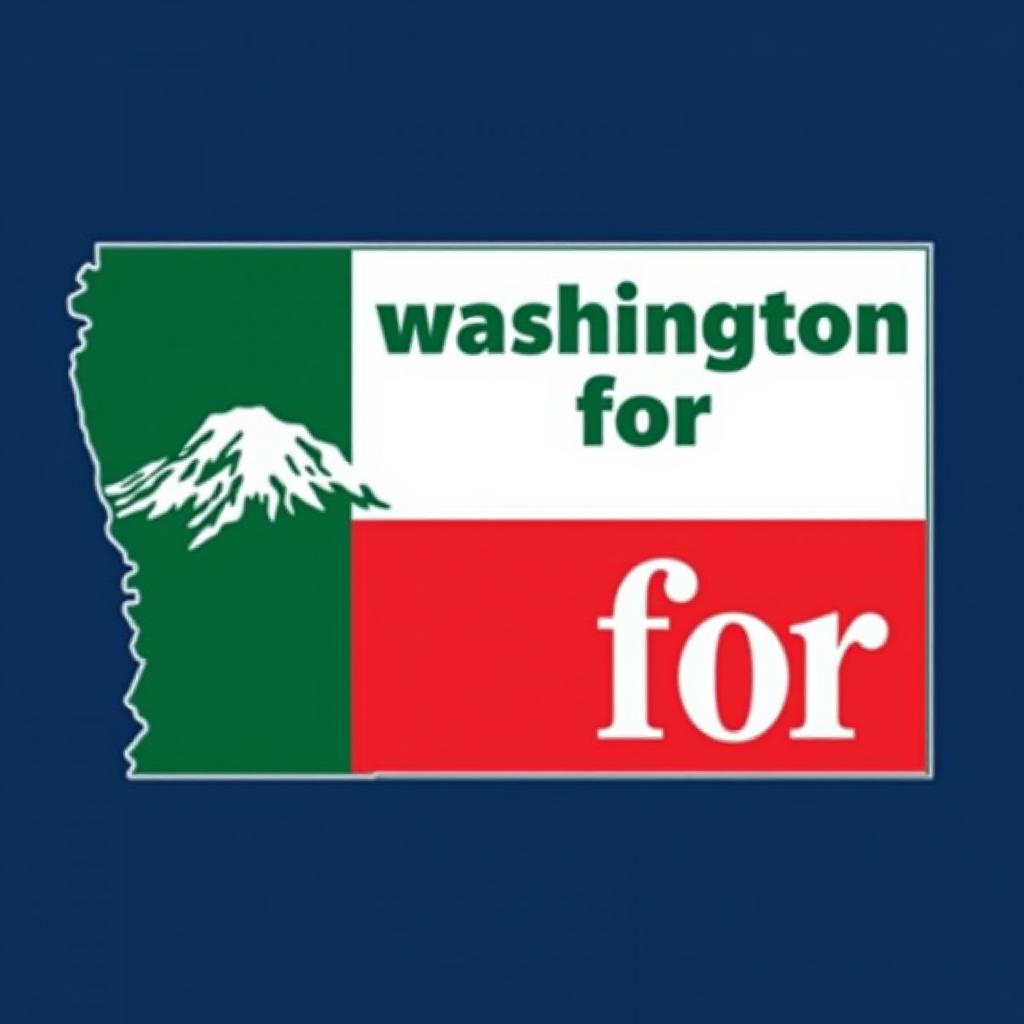  a tshirt design inspired by the washington state flag. the left side features a green vertical stripe with a large mountain in the center. the right side is divided into two horizontal sections: the top section is white with the text 'washington for' in bold, green, uppercase letters, and the bottom section is red with the text 'harris walz 2024' in bold, white, uppercase letters. the overall layout is clean and straightforward, with a clear and patriotic color scheme of blue, white, and red.