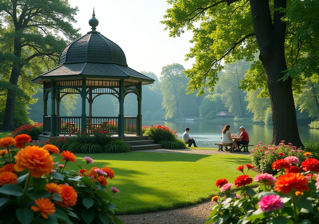  a picturesque view of kew gardens in toronto, showcasing vibrant flower beds, a charming gazebo, and families enjoying picnics, with the backdrop of lush greenery and the nearby lake ontario, capturing the essence of this hidden oasis. hyperrealistic, full body, detailed clothing, highly detailed, cinematic lighting, stunningly beautiful, intricate, sharp focus, f/1. 8, 85mm, (centered image composition), (professionally color graded), ((bright soft diffused light)), volumetric fog, trending on instagram, trending on tumblr, HDR 4K, 8K