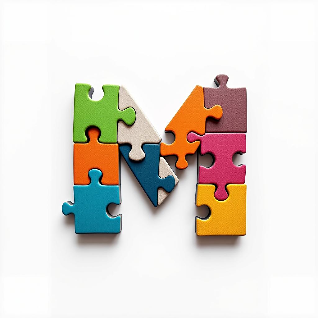  design a logo, abstract logo of letter m from colored puzzles on white background.