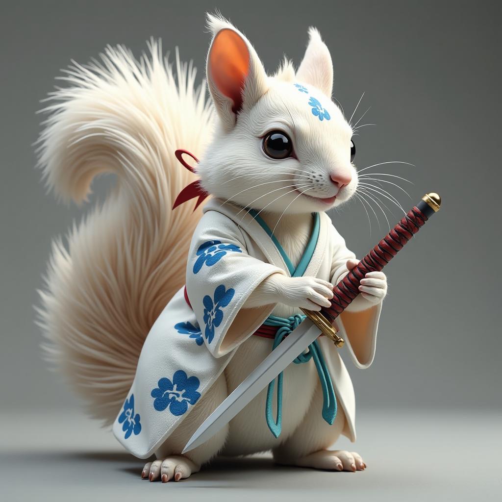  hyperrealistic art squirrel in white hanfu with a pattern of blue clouds, a ribbon is tied on the forehead, a sword is in the paws . extremely high resolution details, photographic, realism pushed to extreme, fine texture, incredibly lifelike