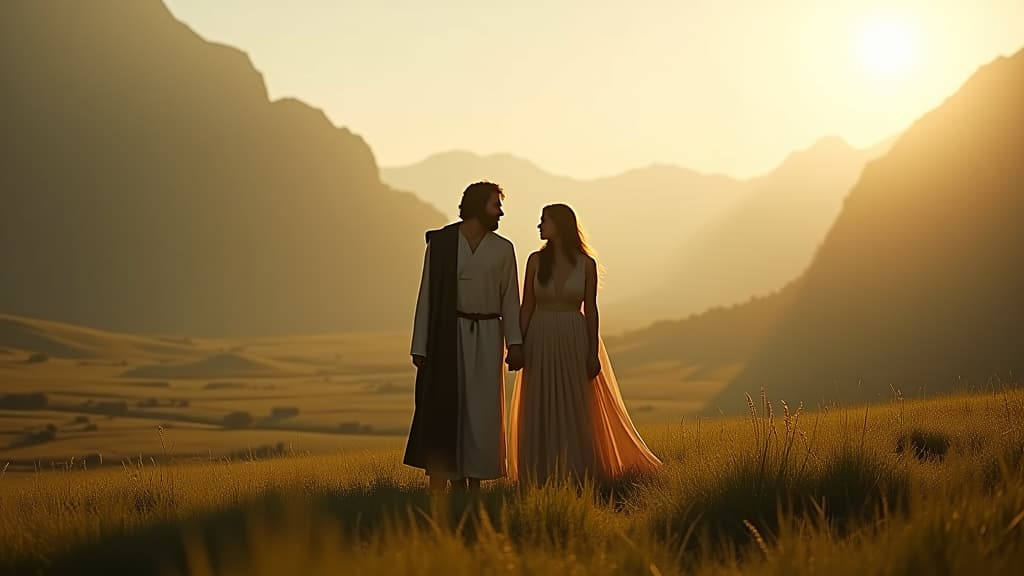  history of biblical times, a serene landscape signifying peace and prosperity, to illustrate the fruitful life isaac and rebecca are destined to have. hyperrealistic, full body, detailed clothing, highly detailed, cinematic lighting, stunningly beautiful, intricate, sharp focus, f/1. 8, 85mm, (centered image composition), (professionally color graded), ((bright soft diffused light)), volumetric fog, trending on instagram, trending on tumblr, HDR 4K, 8K