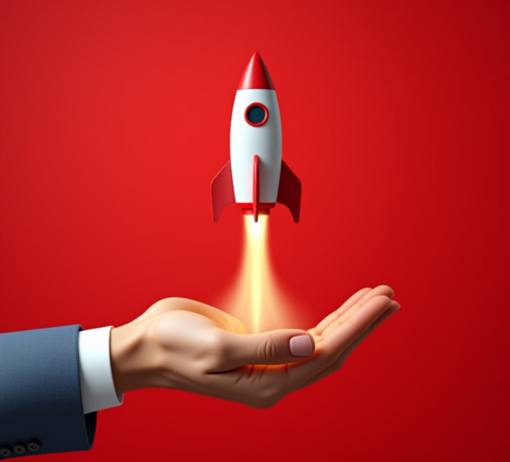  a rocket launch from an open hand isolated on a red background. representing the concept of business startup and product launch.