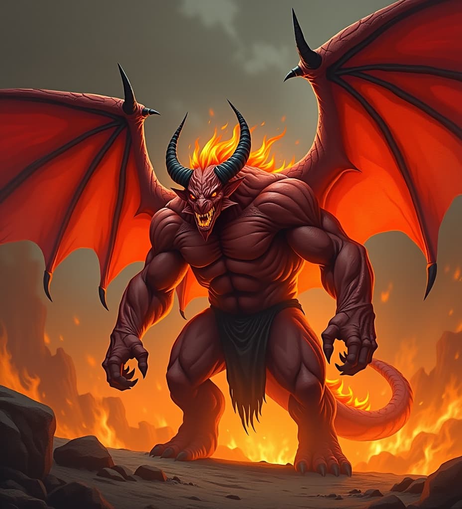  huge, muscular fiend with large, red, leathery wings and two black horns; its single eye and mouth exude incandescent heat, and its body heats the air around it to a scalding temperature.