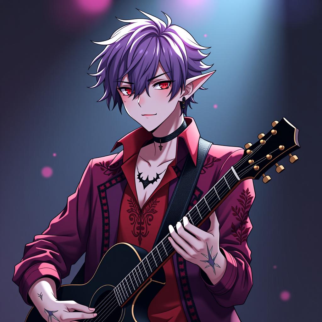  manga style a rock singer, a young man a dark elf performs on stage with a guitar in his hands. the appearance of the older brother: a dark elf is a young man with marble white skin, purple hair with a scarlet tint, pointed tips of ears, lavender eyes with a red tint, dressed in a red purple shirt embroidered with red gold, embroidery on the shirt is made in the form of plant stems, dressed in a dark scarlet semi jacket over shirts, a hairstyle in the style of disheveled hair. an earring in the right ear in the shape of a crescent with teeth inside. the tattoo in the form of a crescent with a jagged inner side is applied from the left temple to the left cheekbone, skirting the left eye socket, the crescent moon faces the eye with a jag