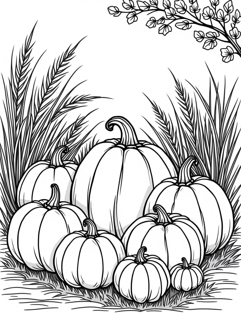  pumpkins of various sizes arranged in a rustic setting, black and white line art on a white background, for an adult coloring page.