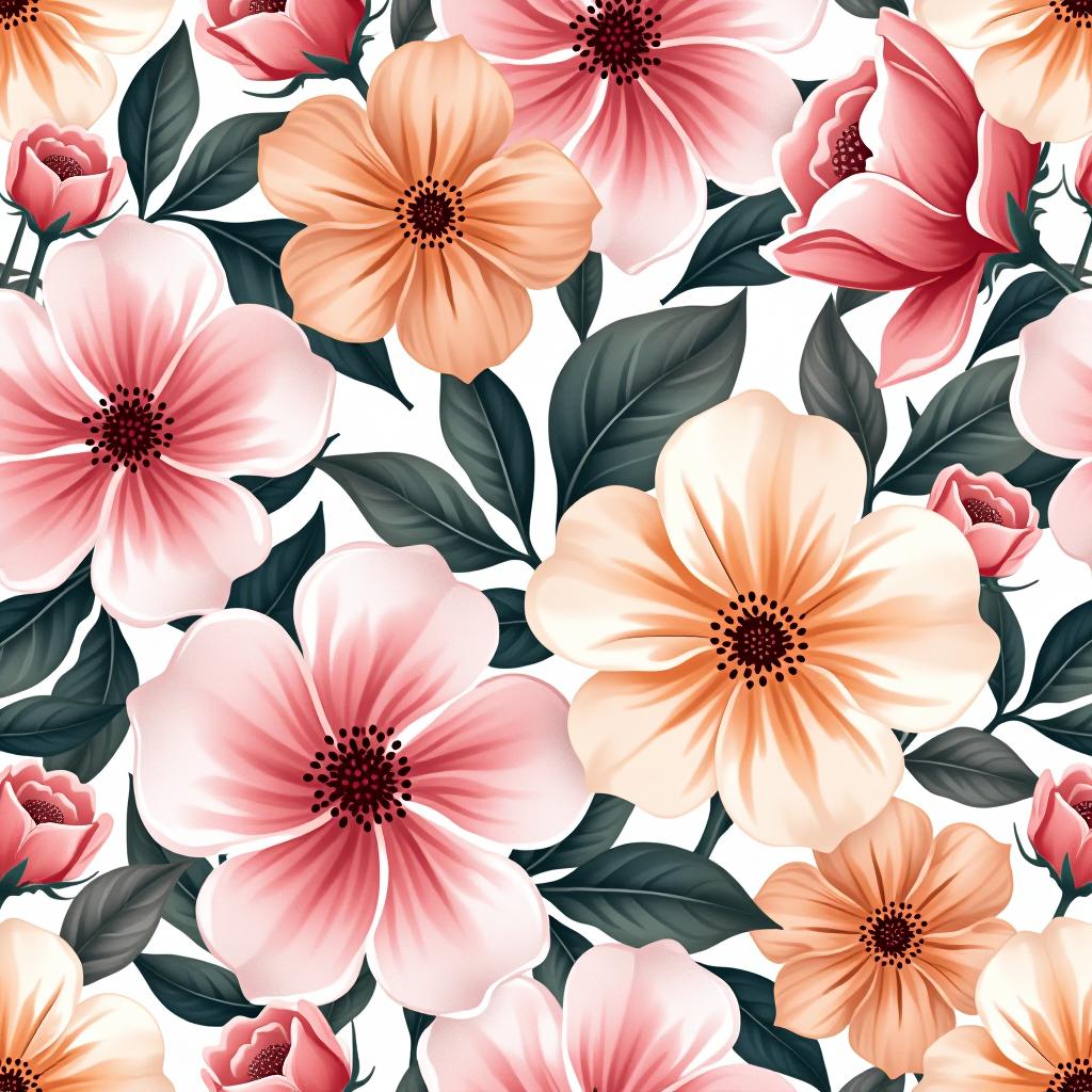  create a seamless digital design featuring a pattern of large, beautiful flowers with soft, watercolor like effects. the flowers should cover the entire surface, creating a bold, elegant, and continuous look. the overall style should be light and airy, with delicate leaves and petals to enhance the natural, floral theme. the design should be seamless to ensure it can be used in repeating patterns or wraps.