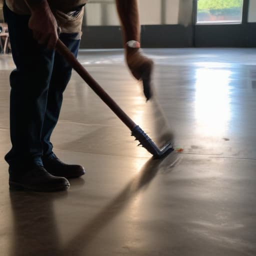 A photo of a skilled artisan applying a glossy sealant to a freshly laid concrete floor in a modern industrial warehouse setting during early evening, casting dramatic shadows and highlighting the intricate textures of the flooring surface.