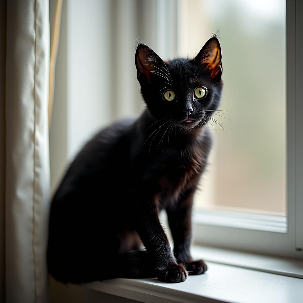  a little black kitten is sitting on the window.