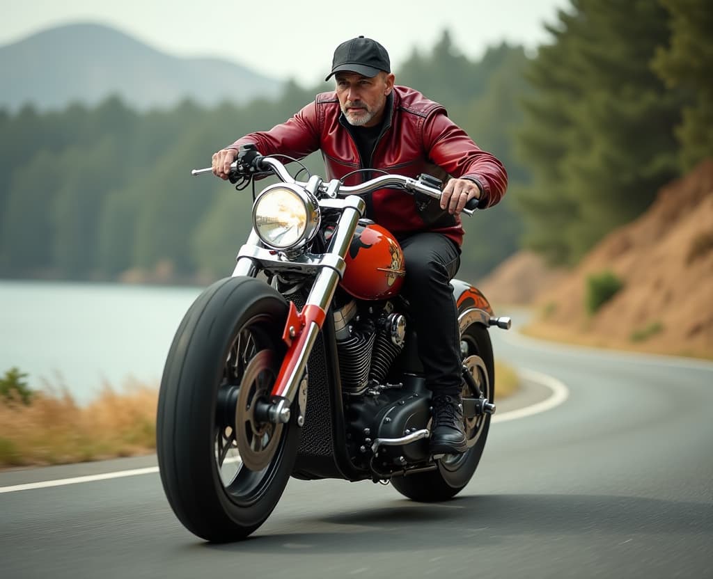  cinematic photo photo of the avatar, a man of 40 years, bald, in a baseball cap, in a leather red and black jumpsuit, rushing along the road along the river bank on a powerful sports chopper, a motorcycle painted in the style of fire and flame, wide wheels, cast wheels and low profile rubber, looks at the camera, front view . 35mm photograph, film, bokeh, professional, 4k, highly detailed