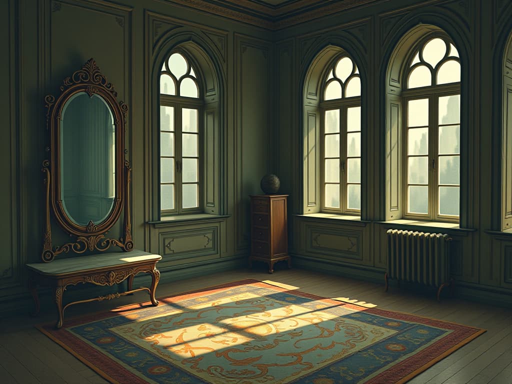  mirrors removed or repositioned in a clean, bright room, sense of lightness and relief, harmonious flow. an illustration in the style of a worn, mystical old tarot trump card, mysterious and elements of surrealism. the colors are muted, somber and eerie, but with contrast bring out an occult and esoteric vibe.