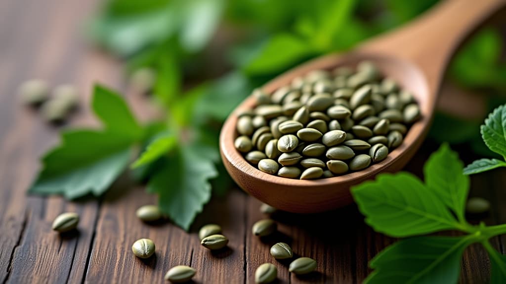  close up of perilla seeds in a small wooden spoon, surrounded by fresh perilla leaves, on a rustic wooden background, evoking a sense of natural simplicity.