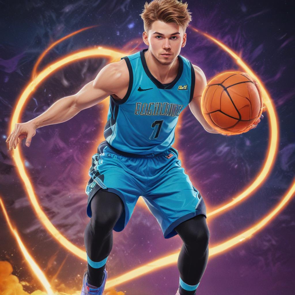 distance-shot, flashy, full-body, dynamic, holographic, animated cartoon poster of luka doncic in the style of dragon ball super