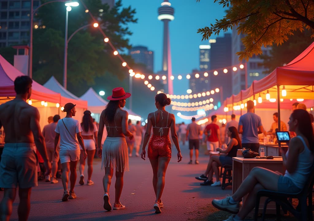  a vibrant scene depicting various summer festivals in toronto, showcasing the colorful parade of caribana with dancers in dazzling costumes, outdoor concerts at the beaches international jazz festival, food stalls at taste of toronto, and a cozy outdoor movie night with families enjoying films under the stars, capturing the essence of summer celebration in the city. hyperrealistic, full body, detailed clothing, highly detailed, cinematic lighting, stunningly beautiful, intricate, sharp focus, f/1. 8, 85mm, (centered image composition), (professionally color graded), ((bright soft diffused light)), volumetric fog, trending on instagram, trending on tumblr, HDR 4K, 8K