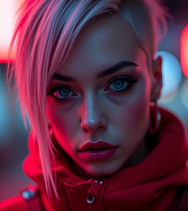  ultra realistic close up portrait ((beautiful pale cyberpunk female with heavy black eyeliner)), blue eyes, shaved side haircut, hyper detail, cinematic lighting, magic neon, dark red city, canon eos r3, nikon, f/1.4, iso 200, 1/160s, 8k, raw, unedited, symmetrical balance, in frame, 8k hyperrealistic, full body, detailed clothing, highly detailed, cinematic lighting, stunningly beautiful, intricate, sharp focus, f/1. 8, 85mm, (centered image composition), (professionally color graded), ((bright soft diffused light)), volumetric fog, trending on instagram, trending on tumblr, HDR 4K, 8K