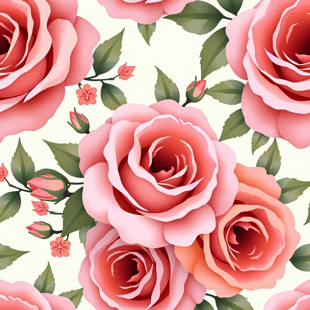  create a seamless digital design featuring a pattern of large, beautiful roses with soft, watercolor like effects. the roses should cover the entire surface, creating a bold, elegant, and continuous look. the overall style should be light and airy, with delicate leaves and petals to enhance the natural, floral theme. the design should be seamless to ensure it can be used in repeating patterns or wraps.