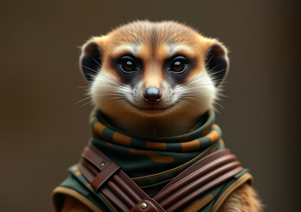  meerkat animal portrait dressed as a warrior fighter or combatant soldier concept.