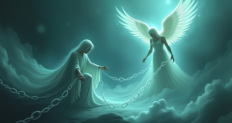  a mystical figure trying to resist invisible bonds. the ethereal angel watches over as the figure’s struggle appears increasingly futile.. the style is digital art illustration,highly detailed, whimsical,magical, dreamlike atmosphere, realism and fantasy blend, smooth, glossy textures,luminous quality, wonder and enchantment.