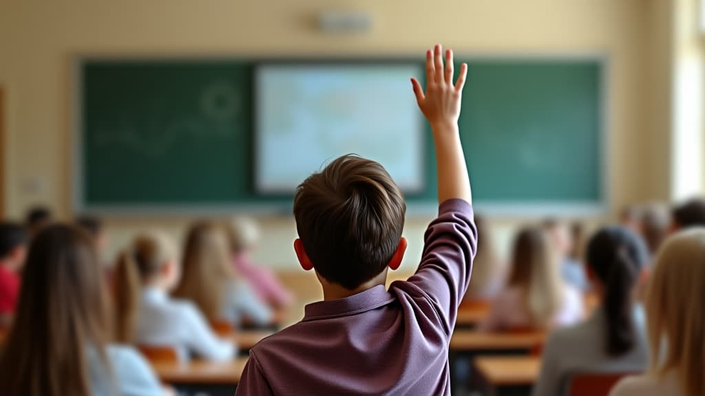  student raising hand in classroom, back view