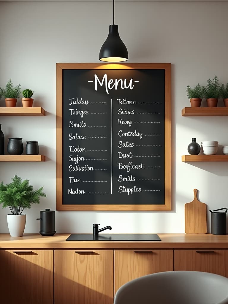  high quality portrait photo of a modern kitchen wall featuring a large chalkboard with beautifully hand lettered weekly menu and grocery list, surrounded by minimalist floating shelves with potted succulents hyperrealistic, full body, detailed clothing, highly detailed, cinematic lighting, stunningly beautiful, intricate, sharp focus, f/1. 8, 85mm, (centered image composition), (professionally color graded), ((bright soft diffused light)), volumetric fog, trending on instagram, trending on tumblr, HDR 4K, 8K